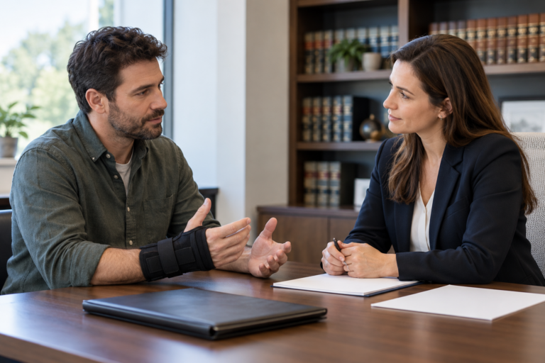 An adult wearing a wrist support discusses documents with a legal professional.